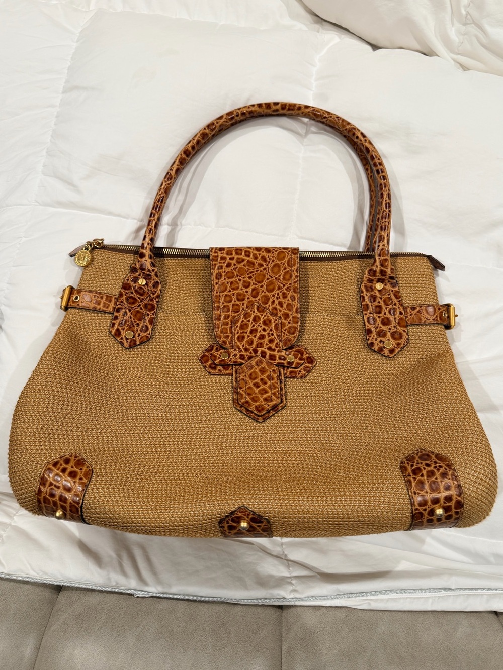 Eric Javits Tan Woven Tote with Cognac Croc-Embossed Trim
